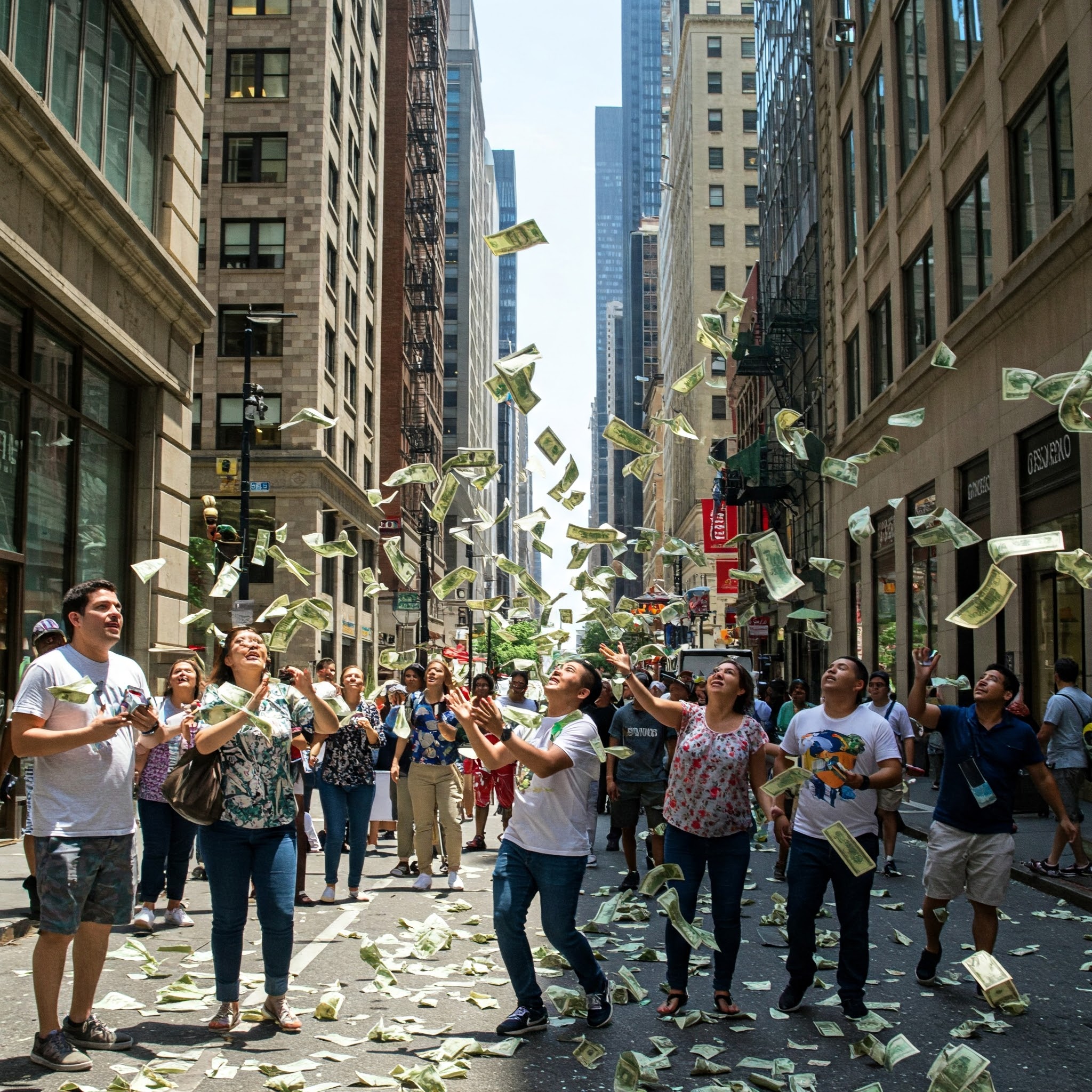 People in the street grabbing money during a financial collapse.